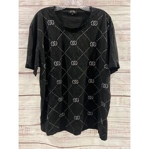 De-Niko Womens Black Rhinestone Diamond Quilt Logo T-Shirt 2XL Short Sleeve